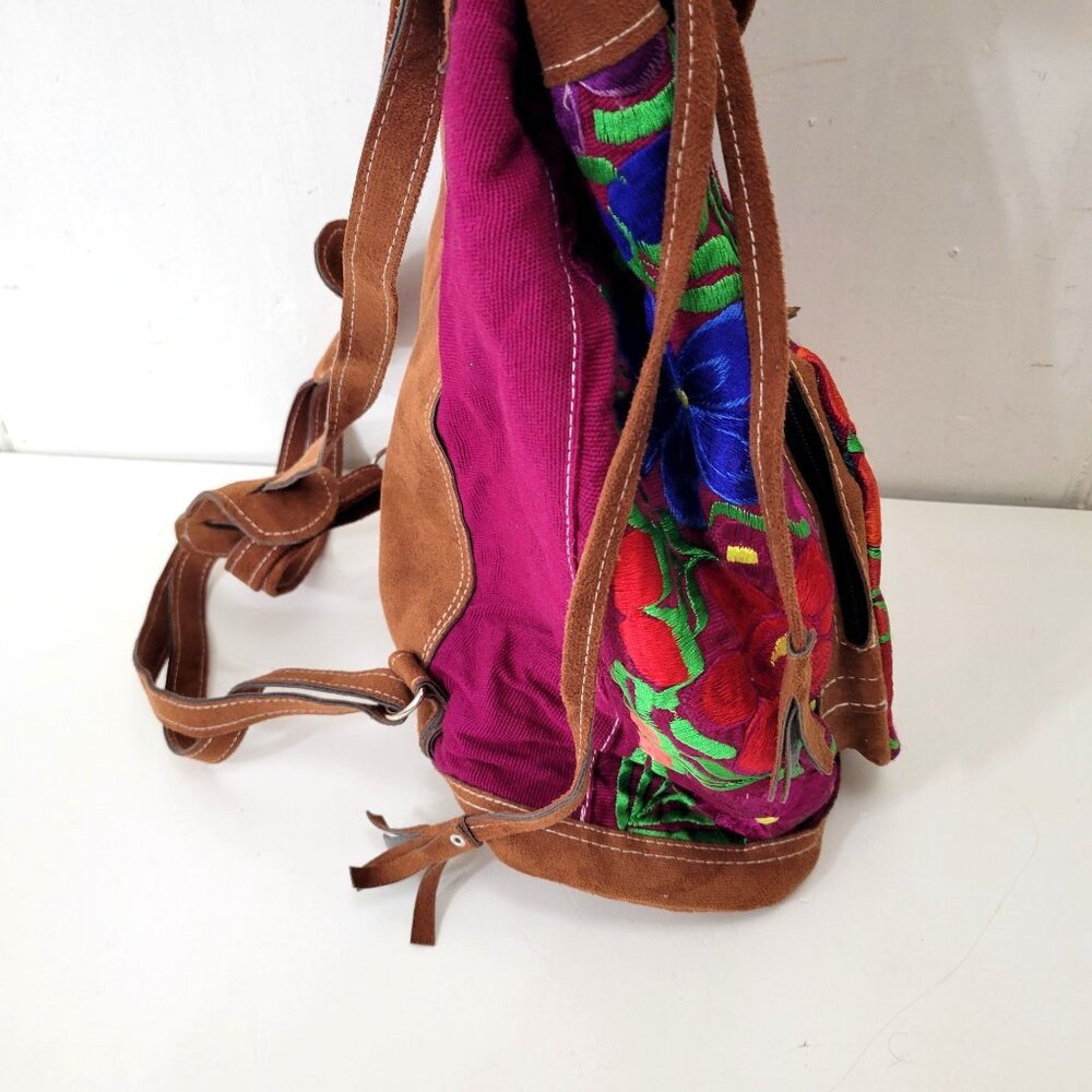 Handcrafted Floral Embroidered Cotton & Faux Suede Backpack - Picture 7 of 9